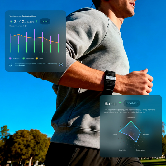 Runner wearing Hume Band with sleep and recovery scores from the Hume Health app