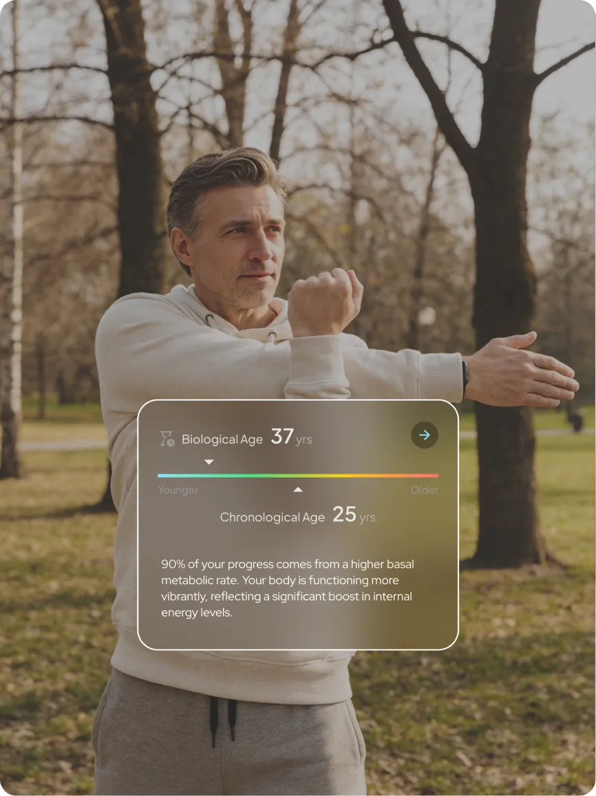 Man stretching outdoors in a park wearing a Hume Band, with overlay showing biological age vs chronological age and improved energy and metabolic health insights.